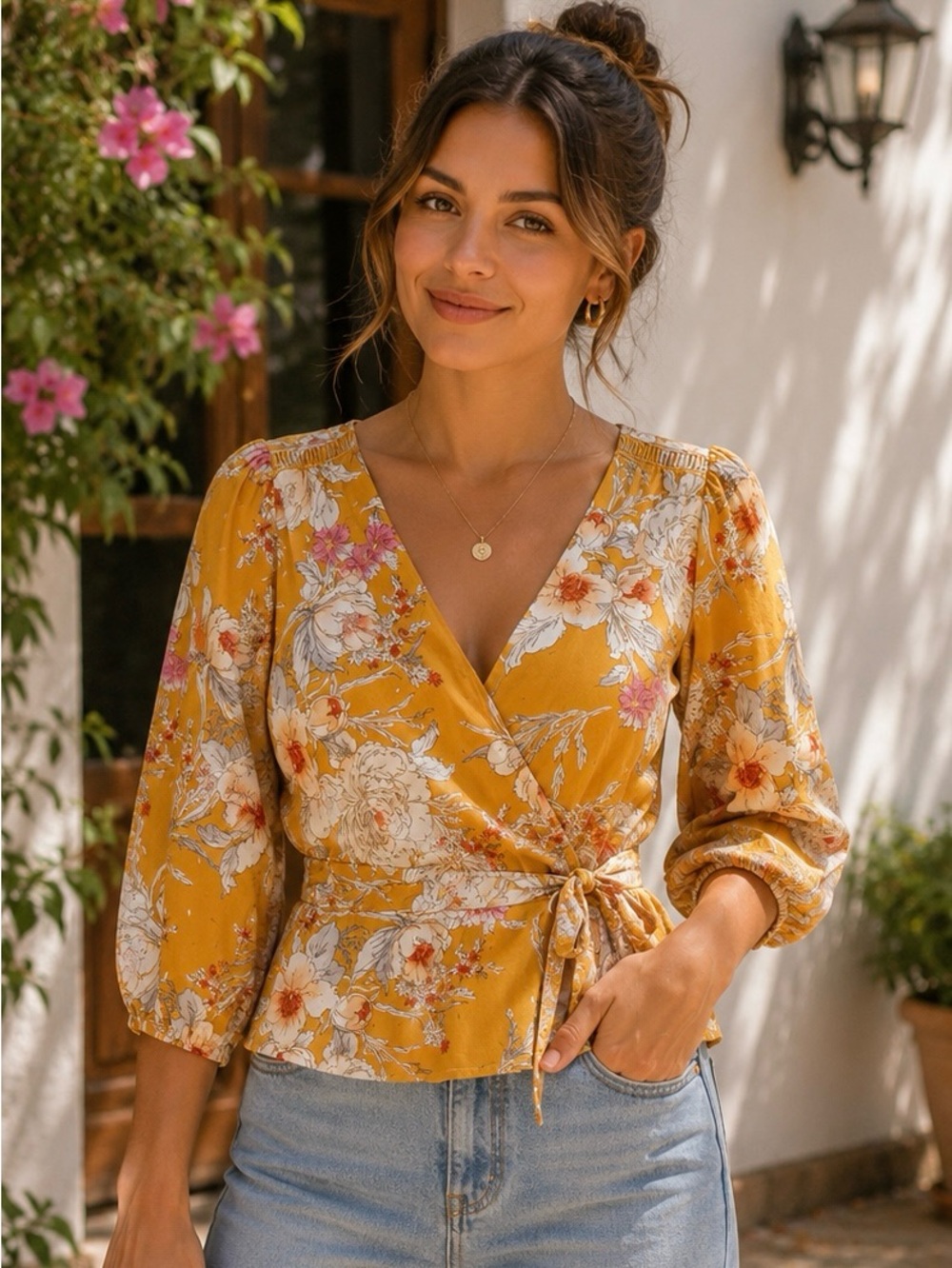 Harve Benard Mustard Yellow Floral Wrap Blouse